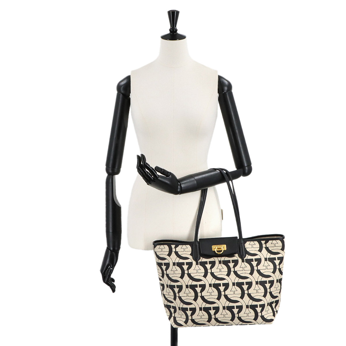 Tote Bag Canvas Leather Beige Black