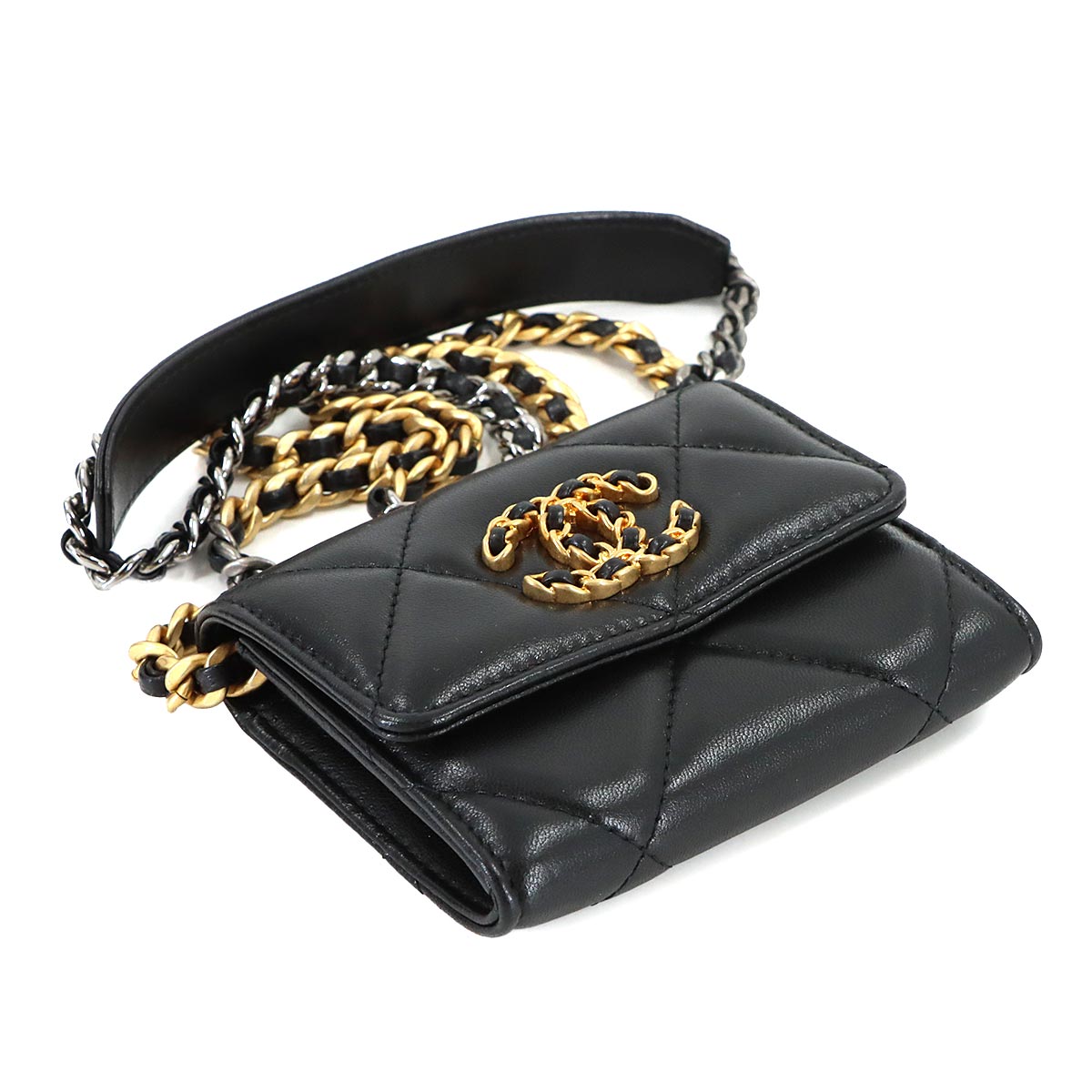 CHANEL 19 Flap Coin Purse Chain Coin case Leather Black AP1787