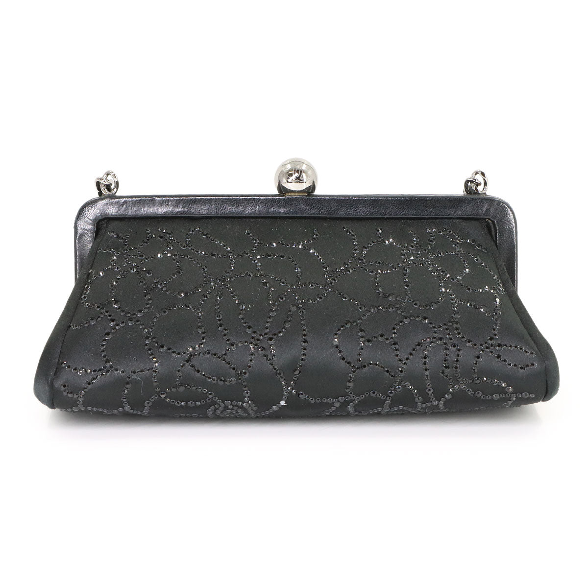 Chain Hand Bag Satin Rhinestone Leather Black Vintage