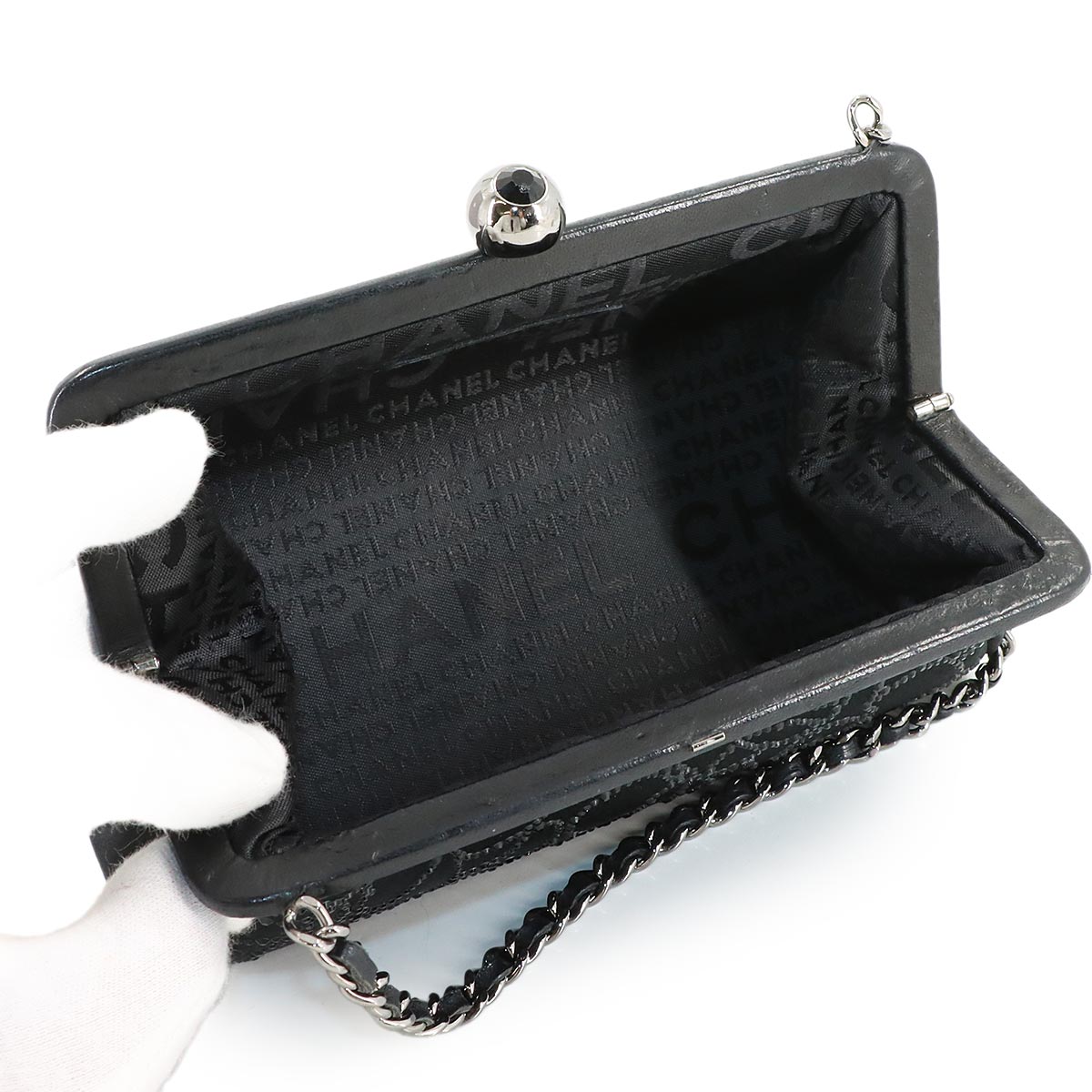 Chain Hand Bag Satin Rhinestone Leather Black Vintage
