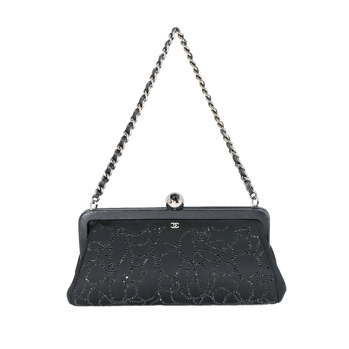 Chain Hand Bag Satin Rhinestone Leather Black Vintage