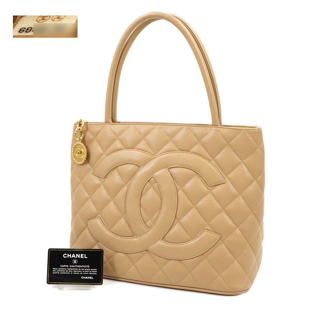 Medallion Tote Bag Leather Beige A01804 Coco Logos