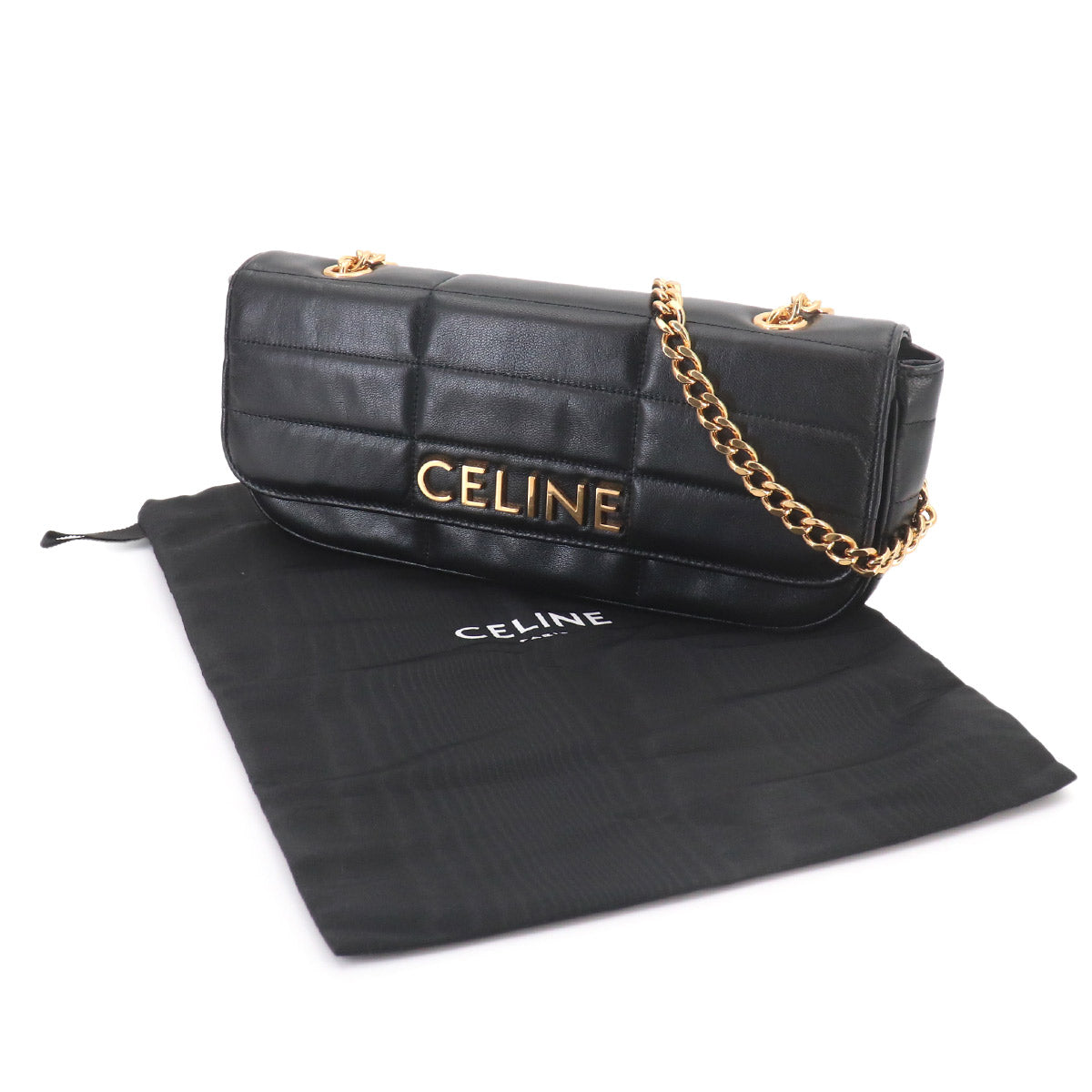 Matelasse Monochrome Chain Shoulder Bag Leather Black