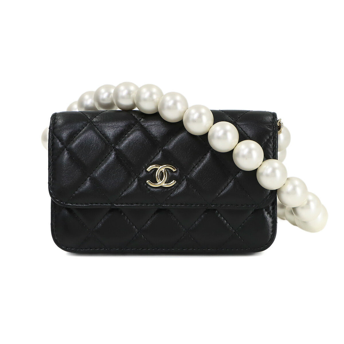 Matelasse Faux Pearl Chain Wallet Leather Black AP1839