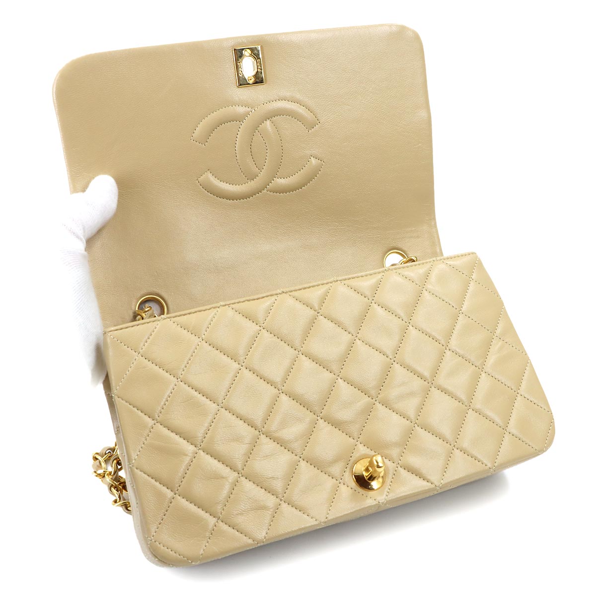 Matelasse Chain Shoulder Bag Leather Beige Purse
