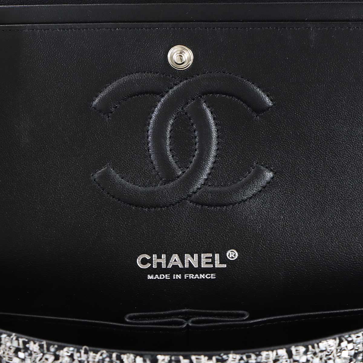 Matelasse Chain Shoulder Bag Tweed Sequins Black Gray A01112