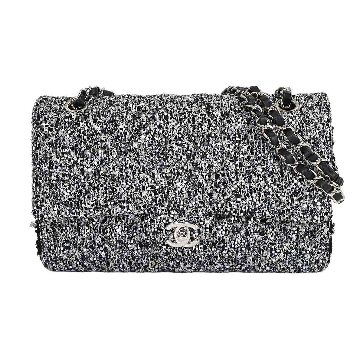 Matelasse Chain Shoulder Bag Tweed Sequins Black Gray A01112