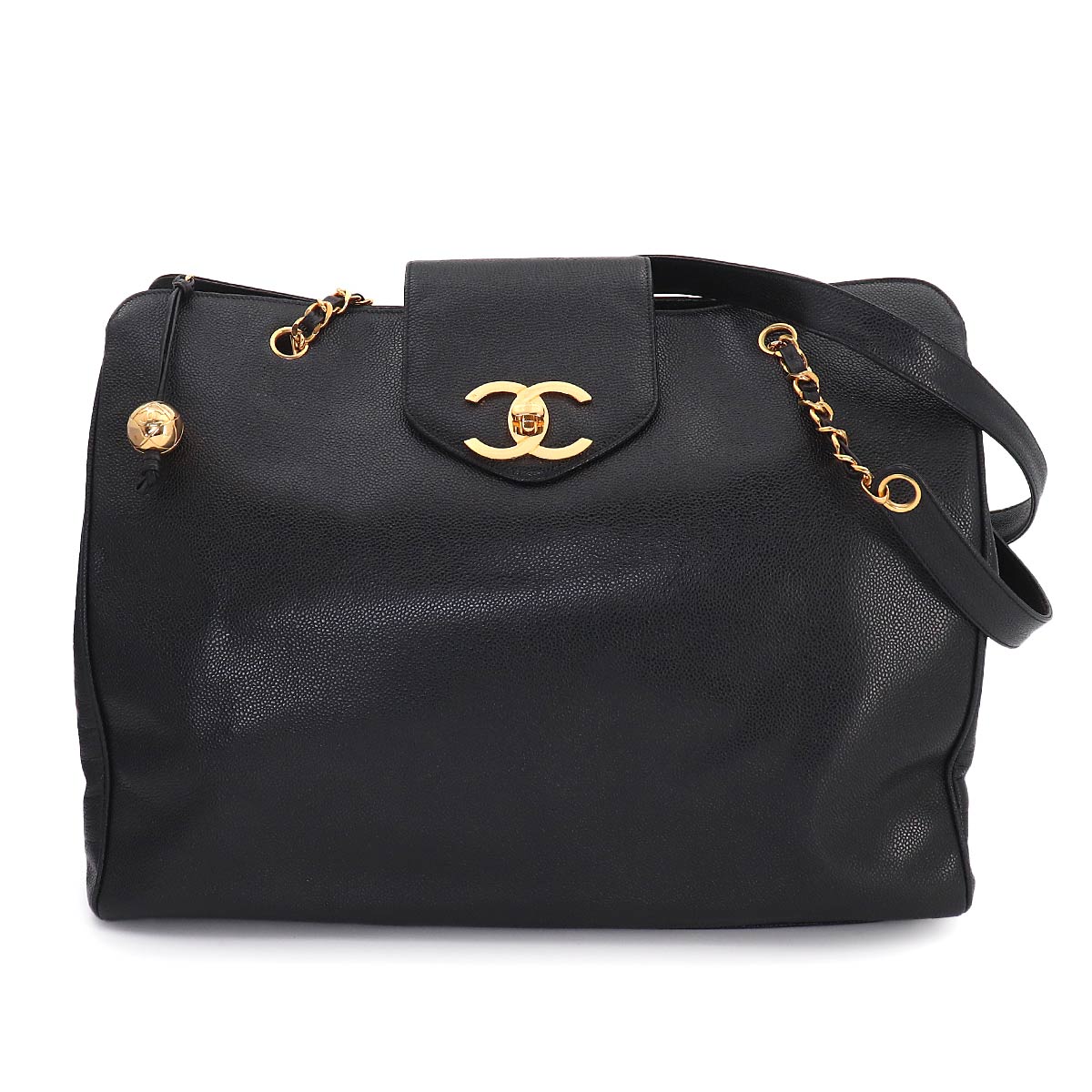 Super Model Chain Tote Bag Leather Black Vintage