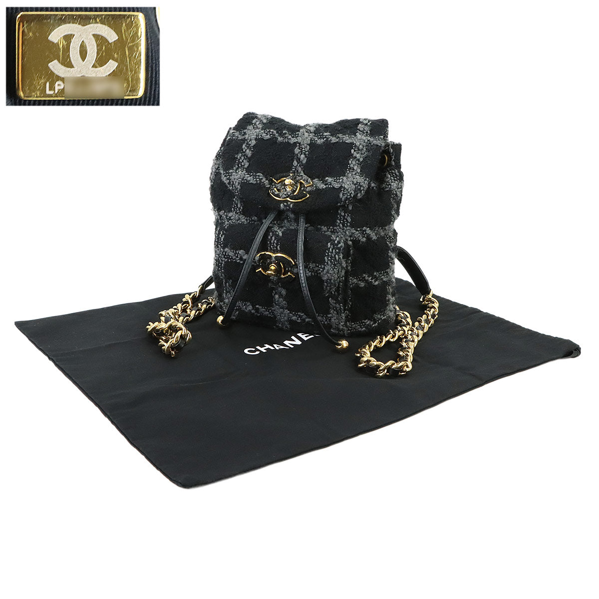 Chain Backpack Tweed Leather Black Gray Coco Logos