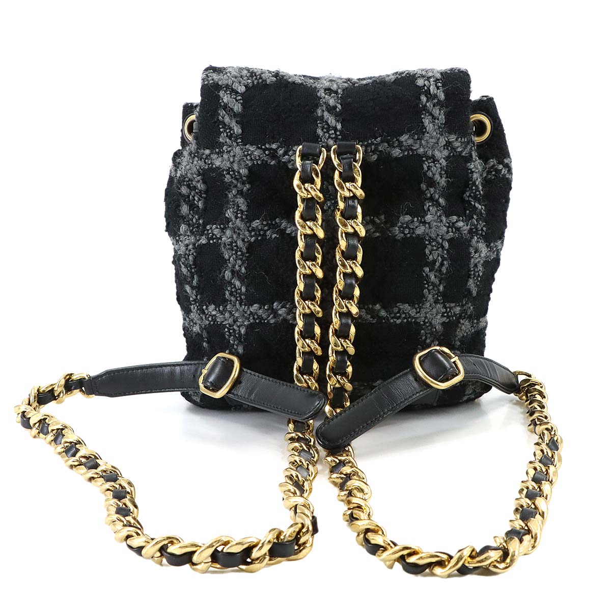Chain Backpack Tweed Leather Black Gray Coco Logos