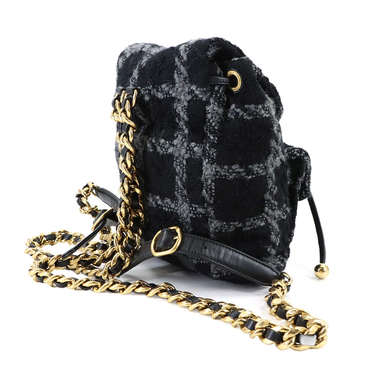 Chain Backpack Tweed Leather Black Gray Coco Logos