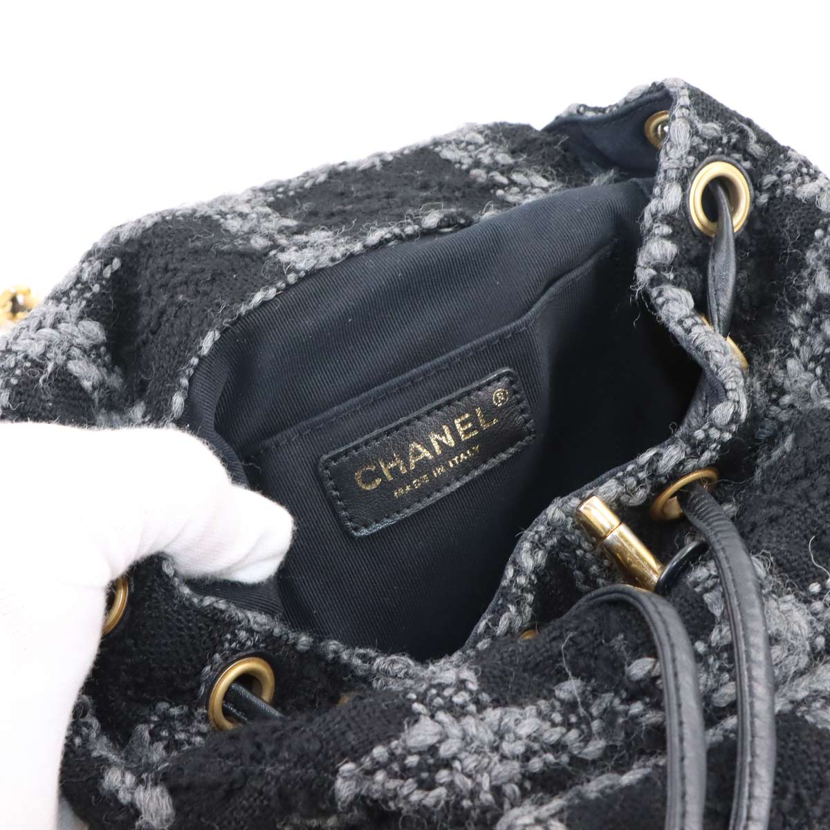 Chain Backpack Tweed Leather Black Gray Coco Logos