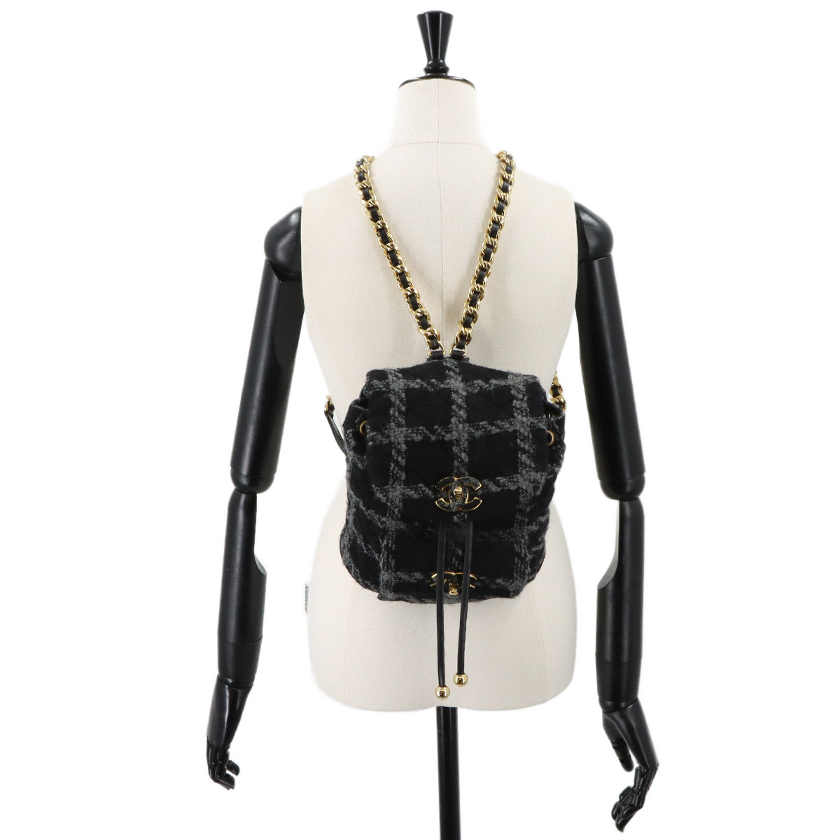 Chain Backpack Tweed Leather Black Gray Coco Logos