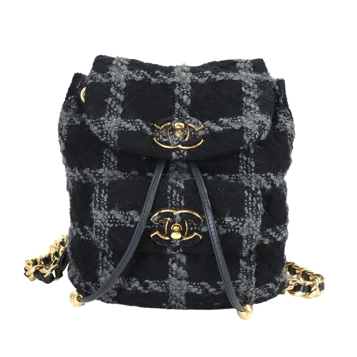 Chain Backpack Tweed Leather Black Gray Coco Logos