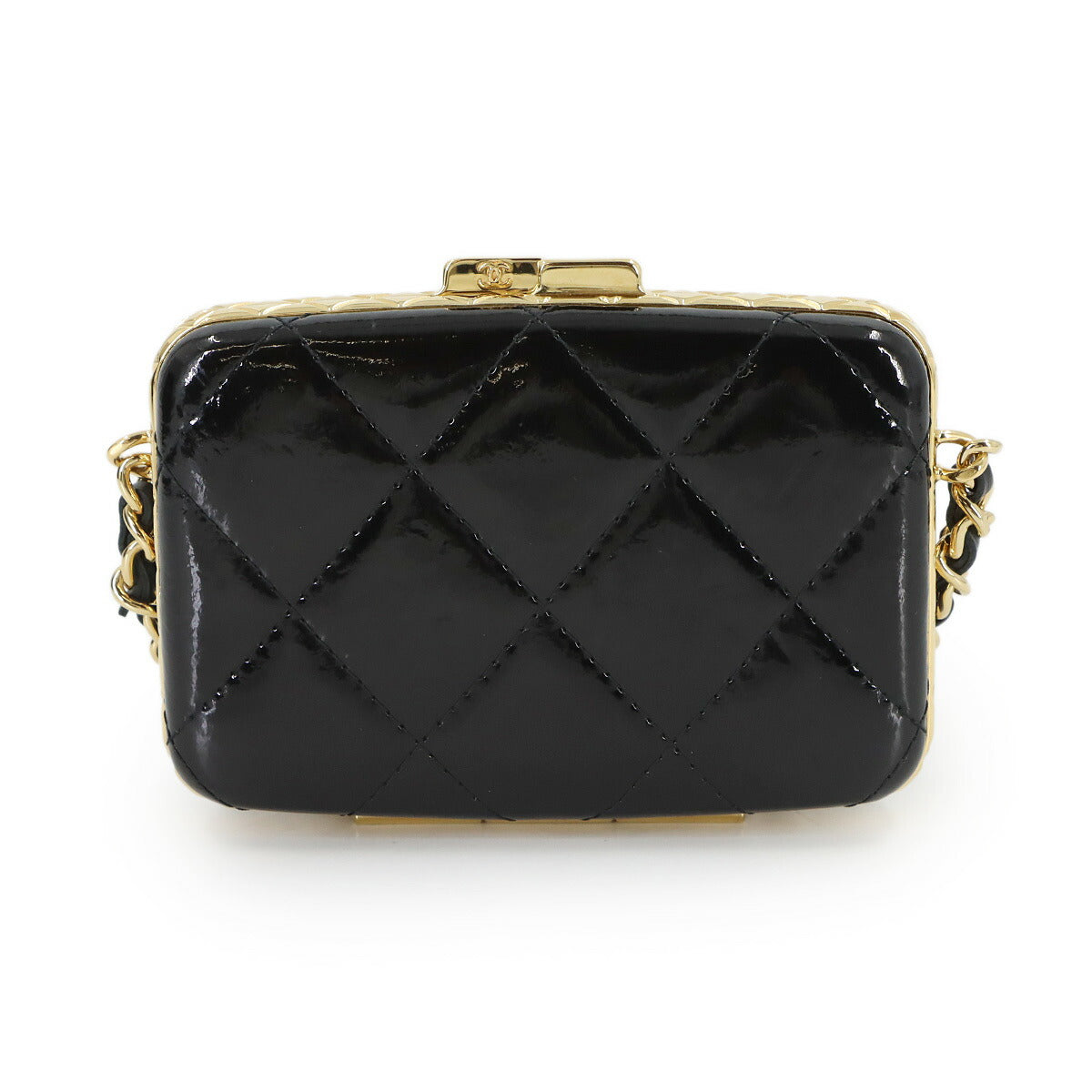 Matelasse Chain Shoulder Card Case Patent Leather Black AP2242