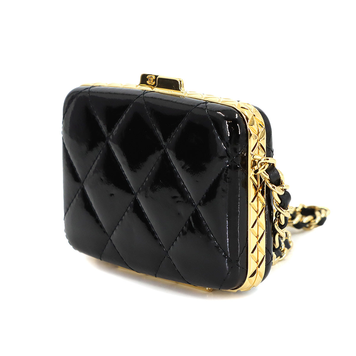 Matelasse Chain Shoulder Card Case Patent Leather Black AP2242