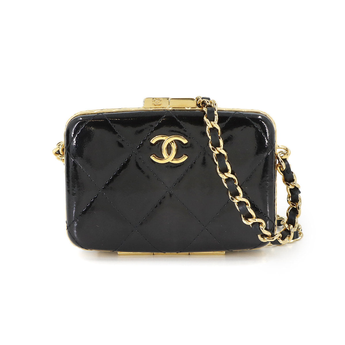 Matelasse Chain Shoulder Card Case Patent Leather Black AP2242