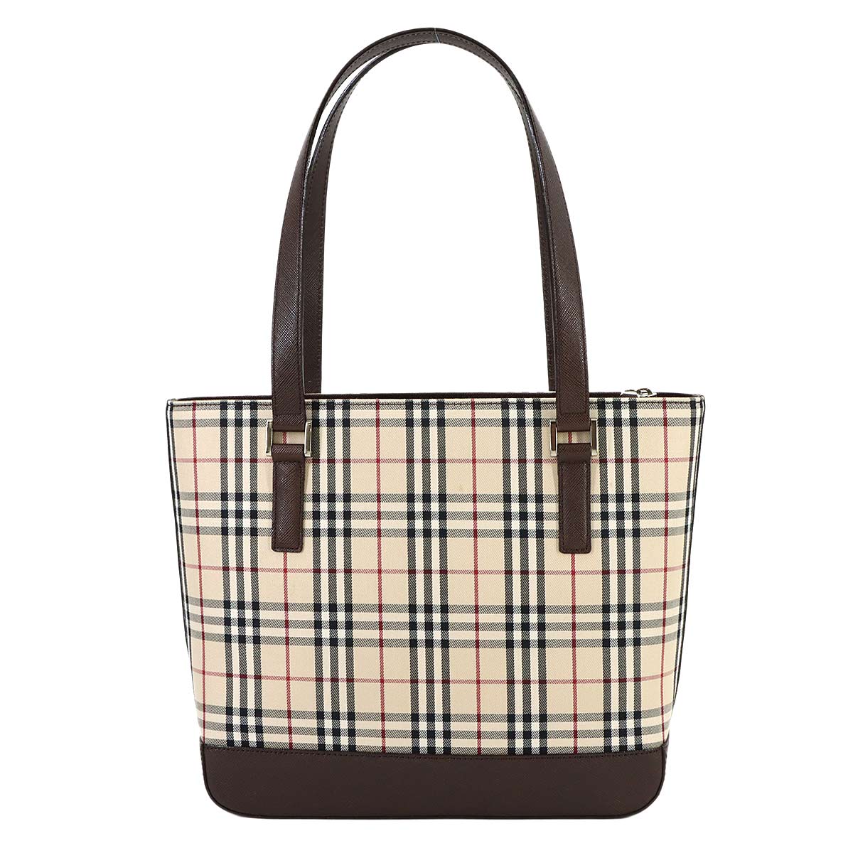 Plaid Hand Bag Canvas Leather Beige Brown Purse