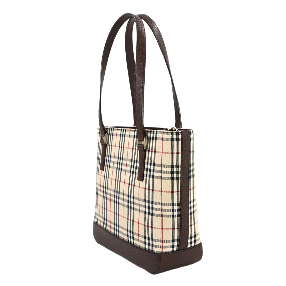 Plaid Hand Bag Canvas Leather Beige Brown Purse