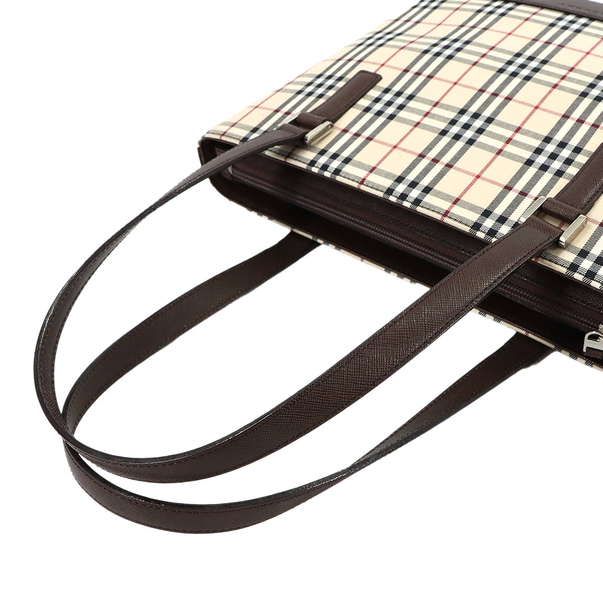 Plaid Hand Bag Canvas Leather Beige Brown Purse