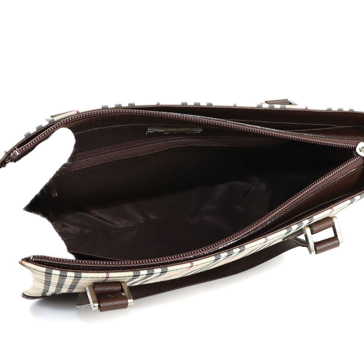 Plaid Hand Bag Canvas Leather Beige Brown Purse