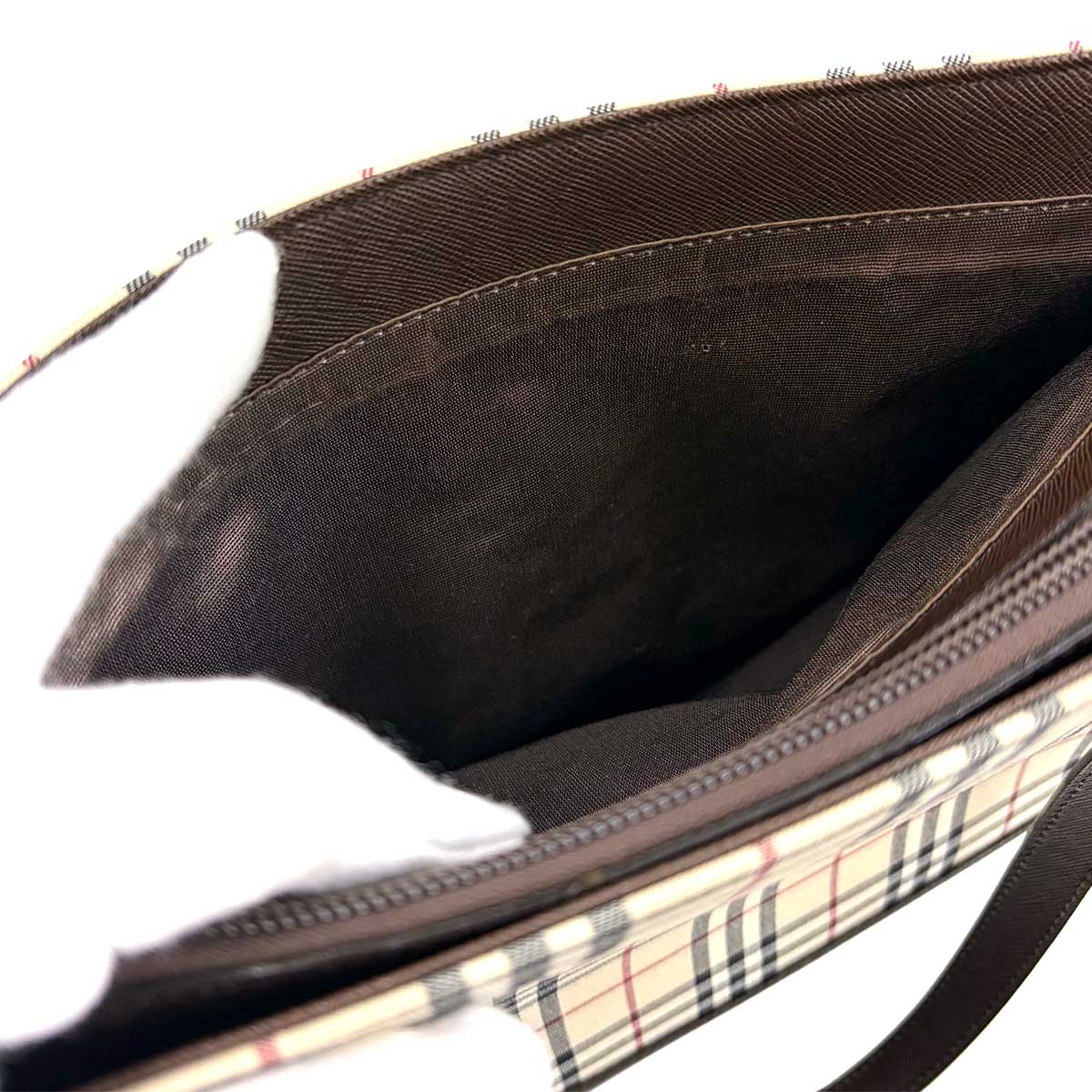 Plaid Hand Bag Canvas Leather Beige Brown Purse