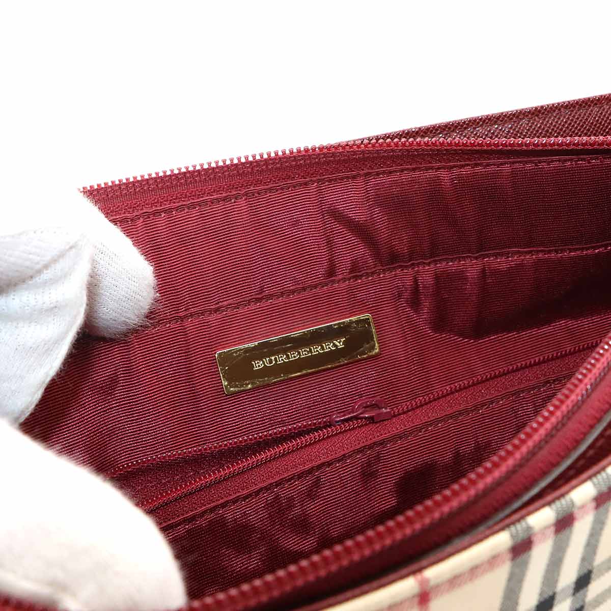 Hand Bag Canvas Leather Beige Bordeaux Purse
