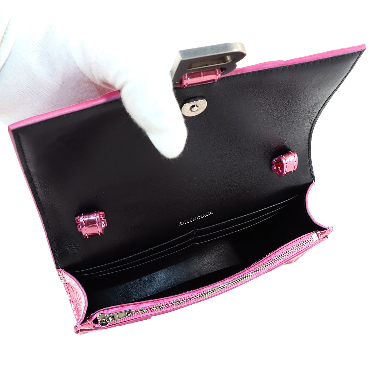 Hourglass Chain Long Wallet Metallic pink 656050 Emboss
