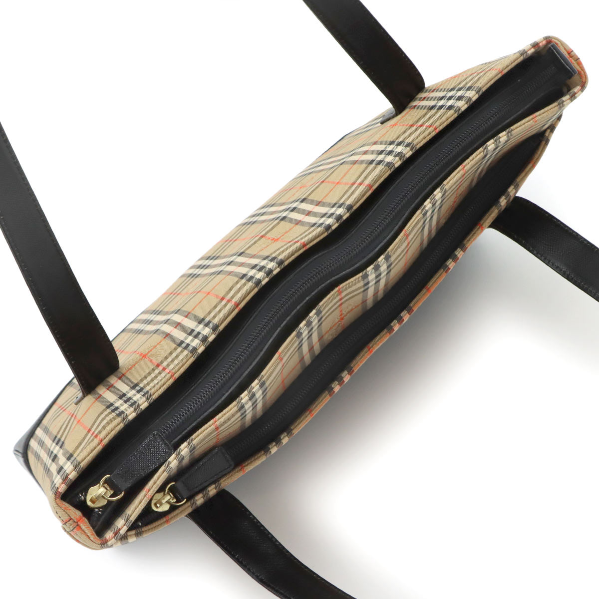 Plaid Small Tote Bag Canvas Leather Beige Black Haymarket