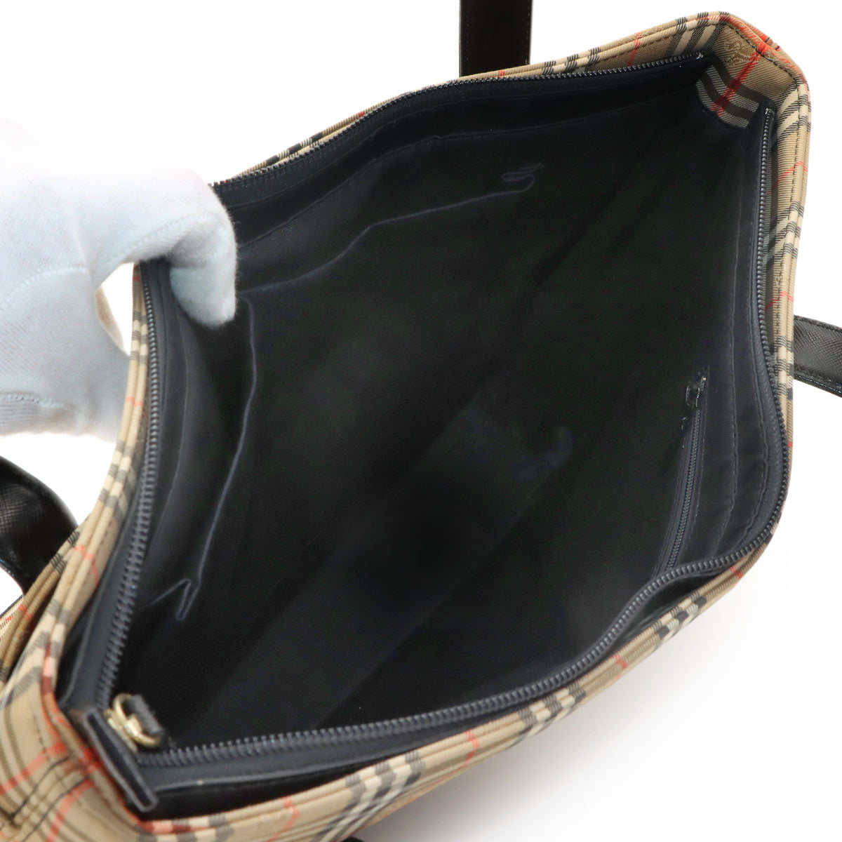 Plaid Small Tote Bag Canvas Leather Beige Black Haymarket