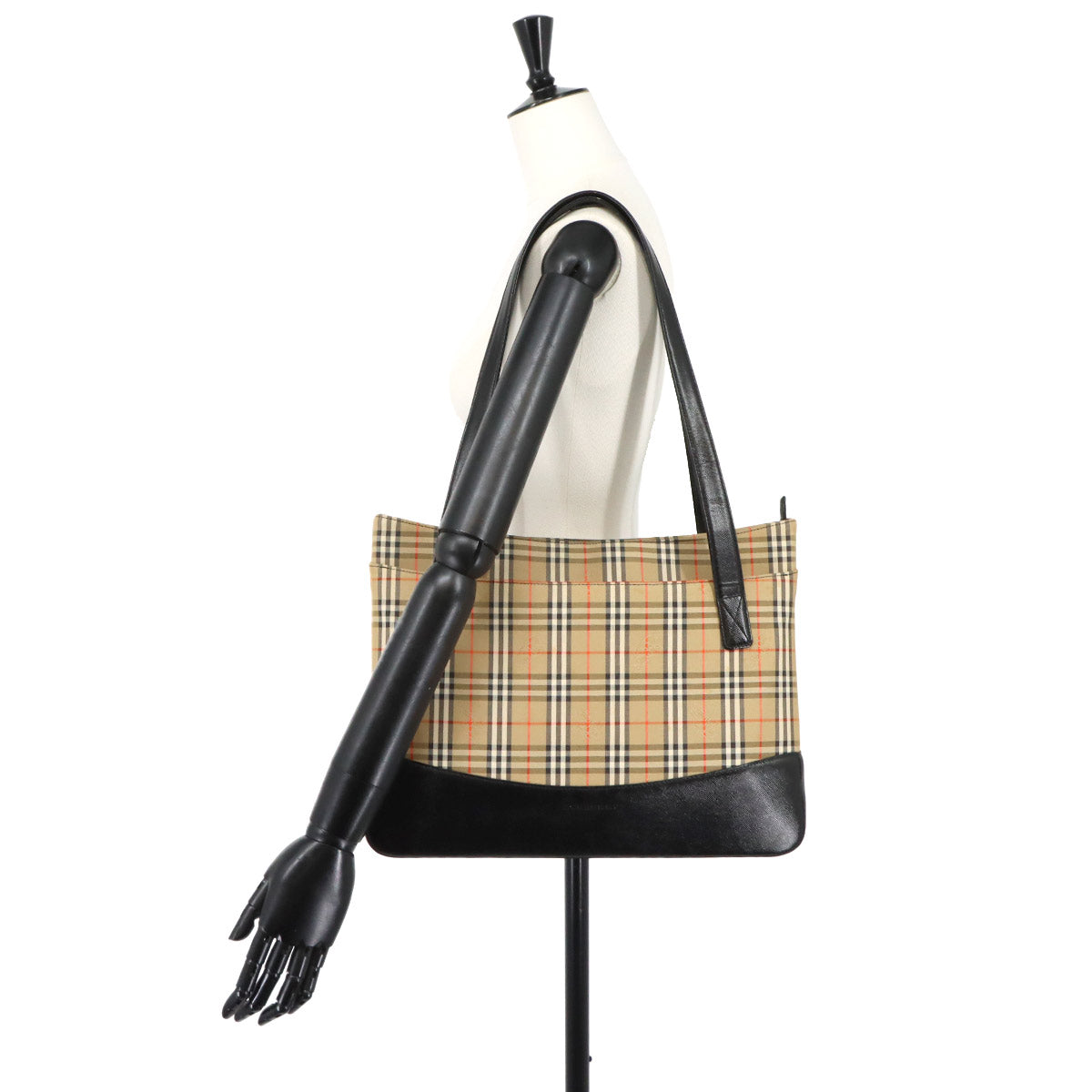 Plaid Small Tote Bag Canvas Leather Beige Black Haymarket
