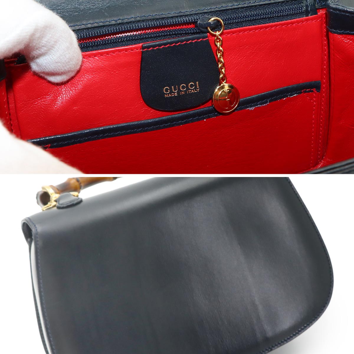 Bamboo 2way Hand Shoulder Bag Leather Navy 000 1010 0188