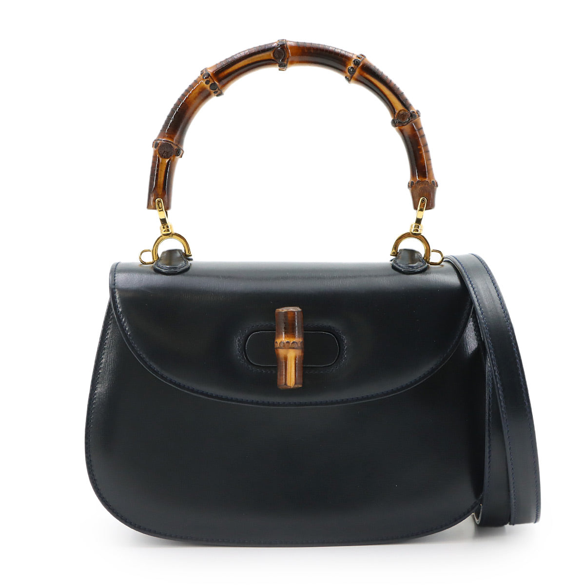 Bamboo 2way Hand Shoulder Bag Leather Navy 000 1010 0188