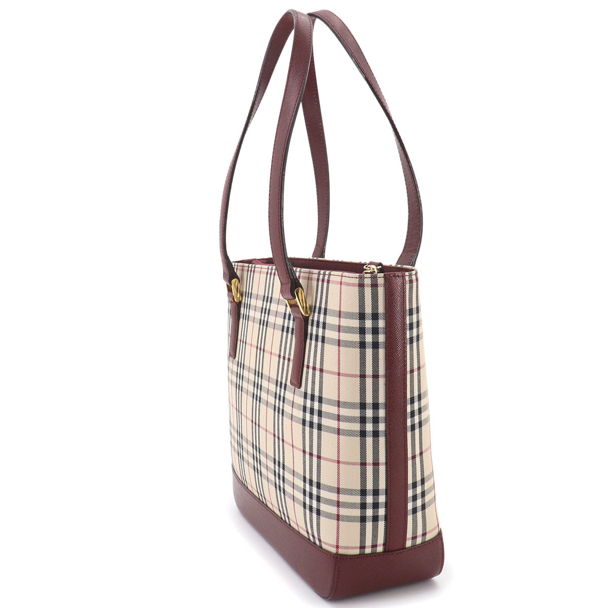 Plaid Hand Bag Canvas Leather Beige Bordeaux Purse