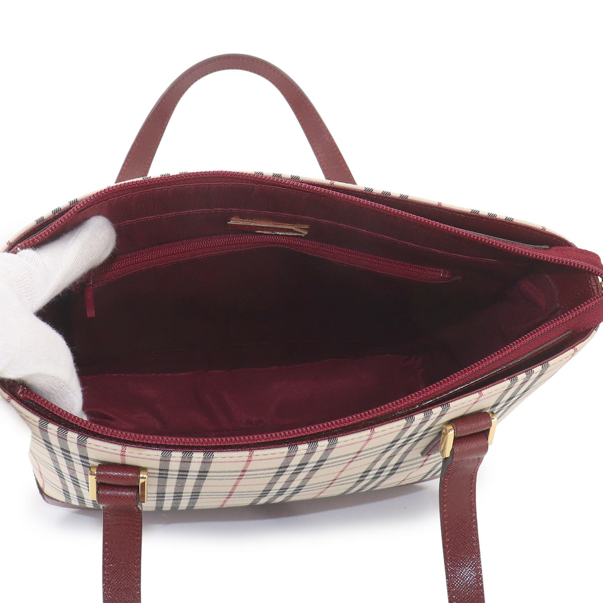 Plaid Hand Bag Canvas Leather Beige Bordeaux Purse