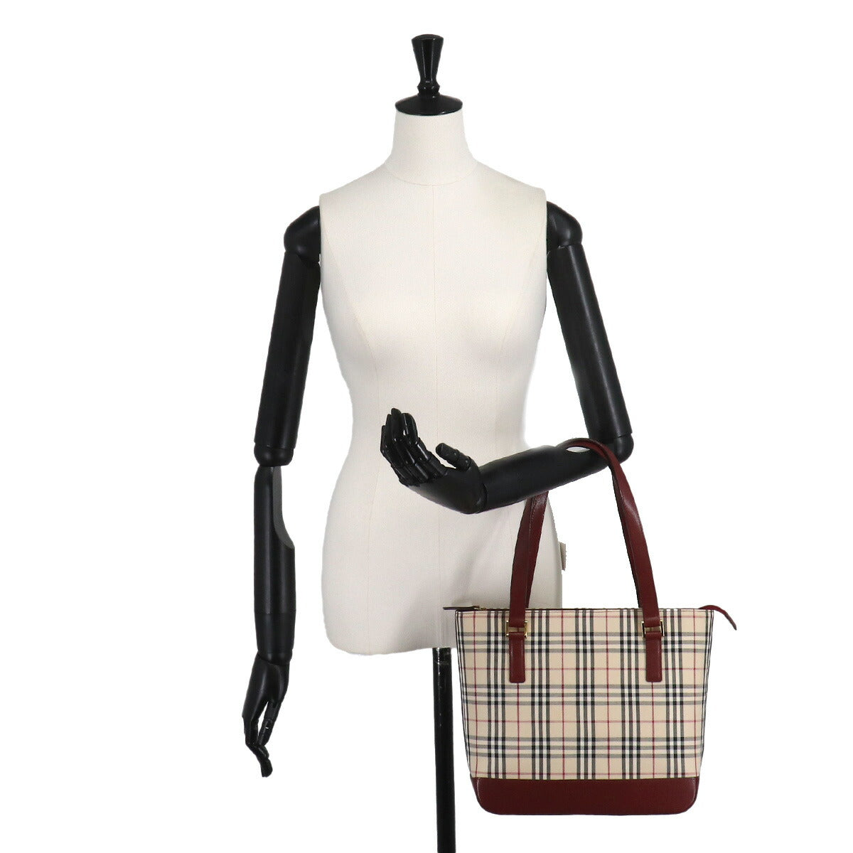 Plaid Hand Bag Canvas Leather Beige Bordeaux Purse