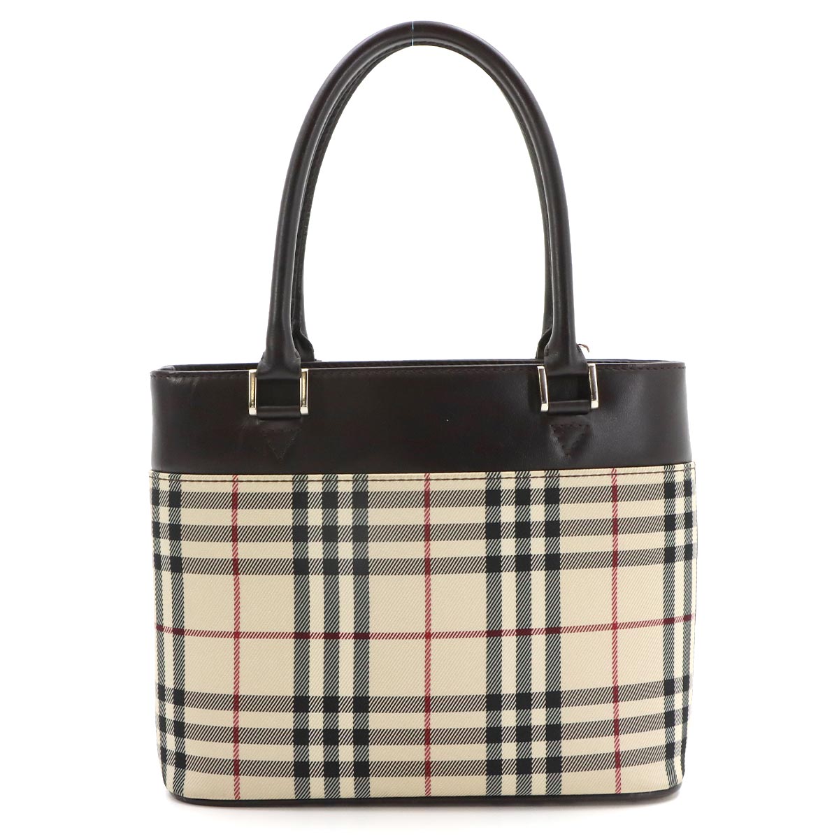 Plaid Hand Bag Canvas Leather Beige Dark brown Purse