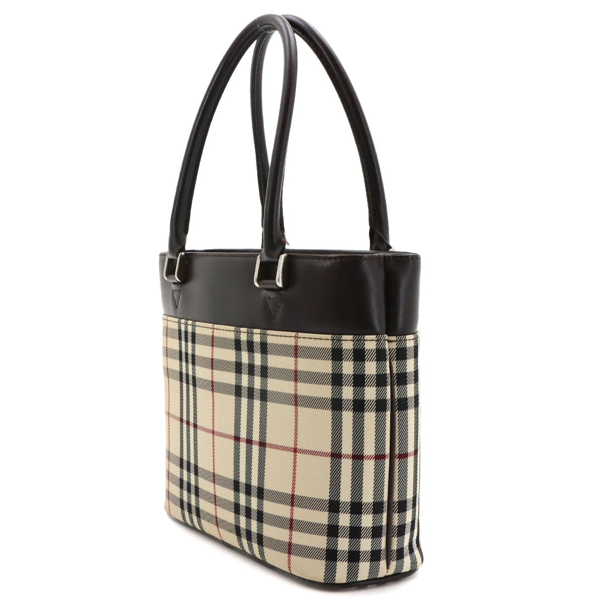 Plaid Hand Bag Canvas Leather Beige Dark brown Purse