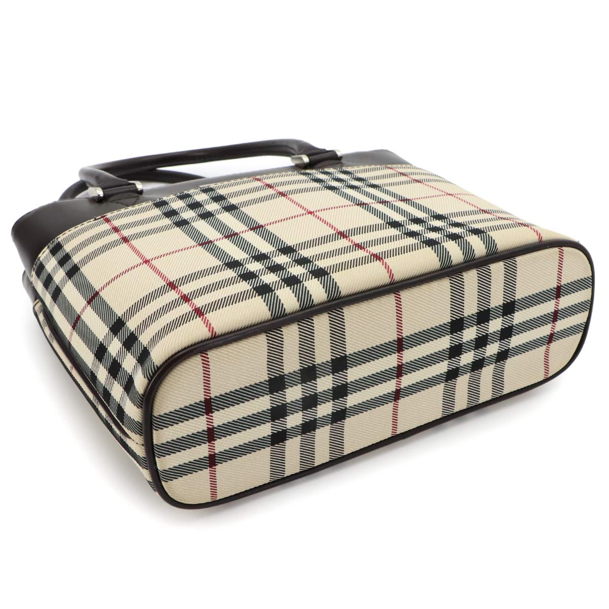 Plaid Hand Bag Canvas Leather Beige Dark brown Purse