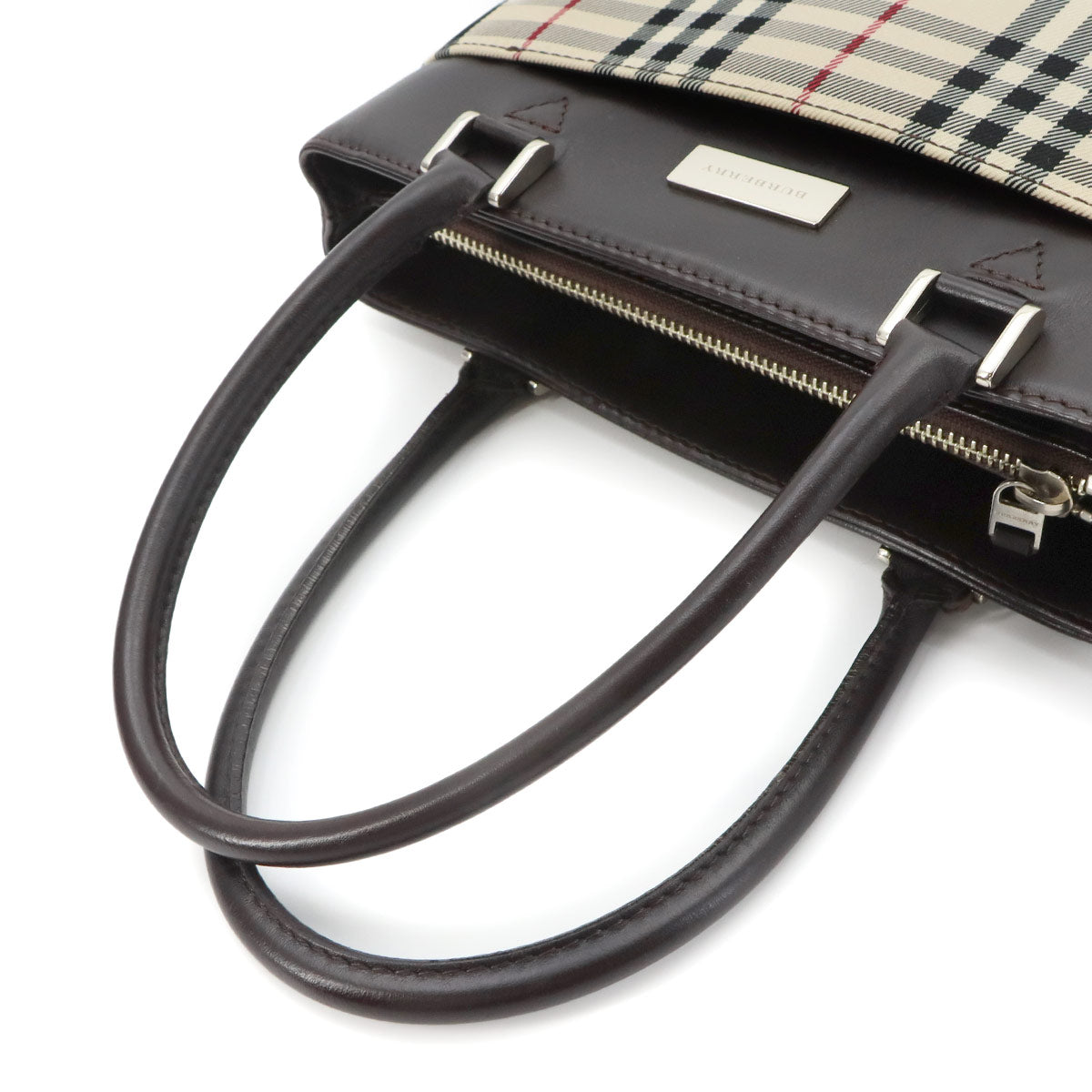 Plaid Hand Bag Canvas Leather Beige Dark brown Purse