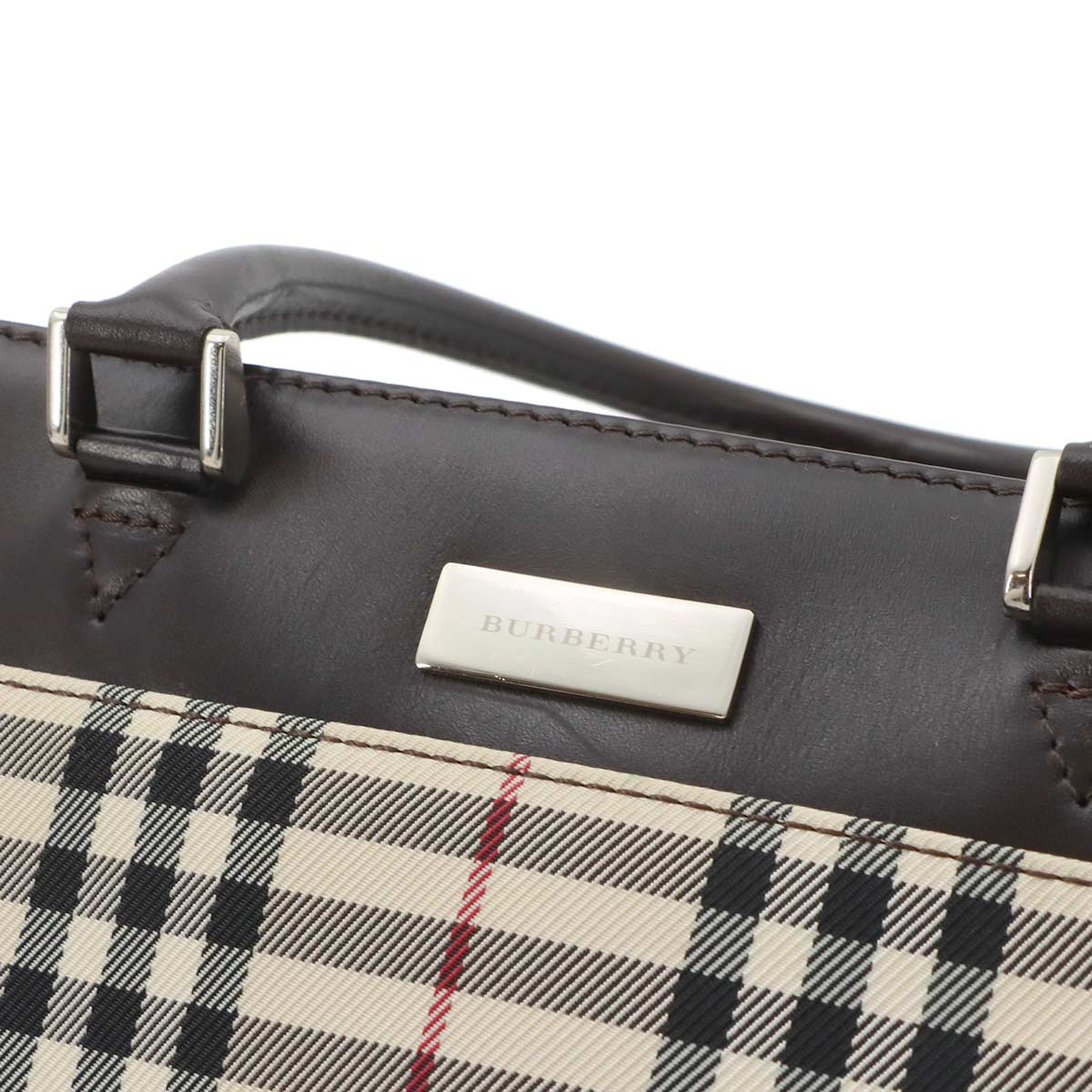 Plaid Hand Bag Canvas Leather Beige Dark brown Purse