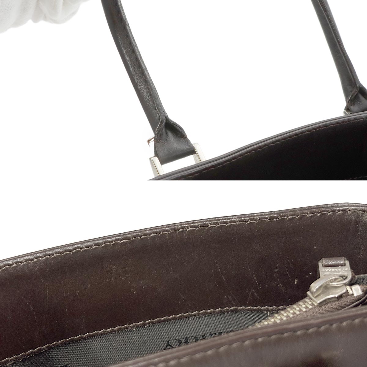 Plaid Hand Bag Canvas Leather Beige Dark brown Purse