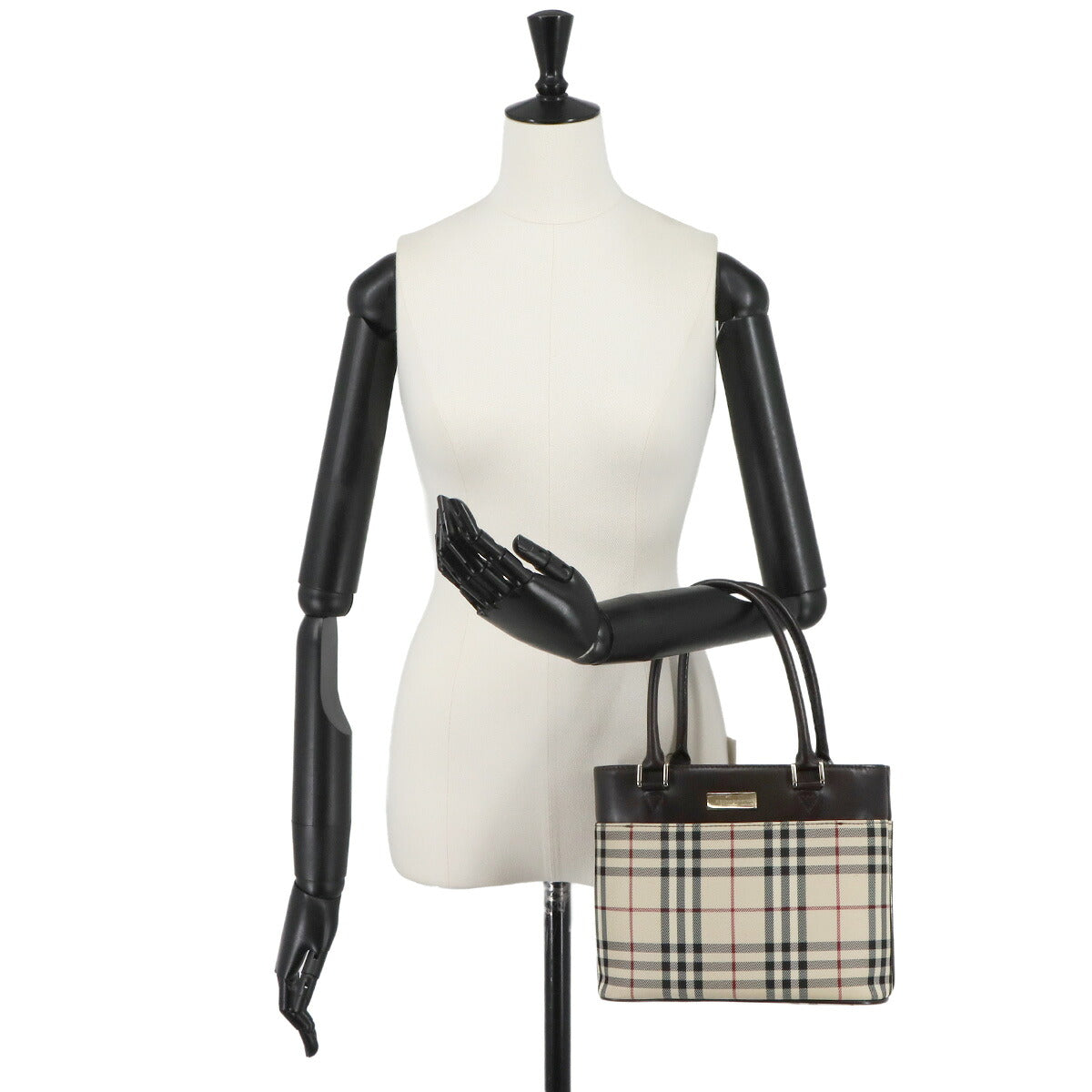 Plaid Hand Bag Canvas Leather Beige Dark brown Purse