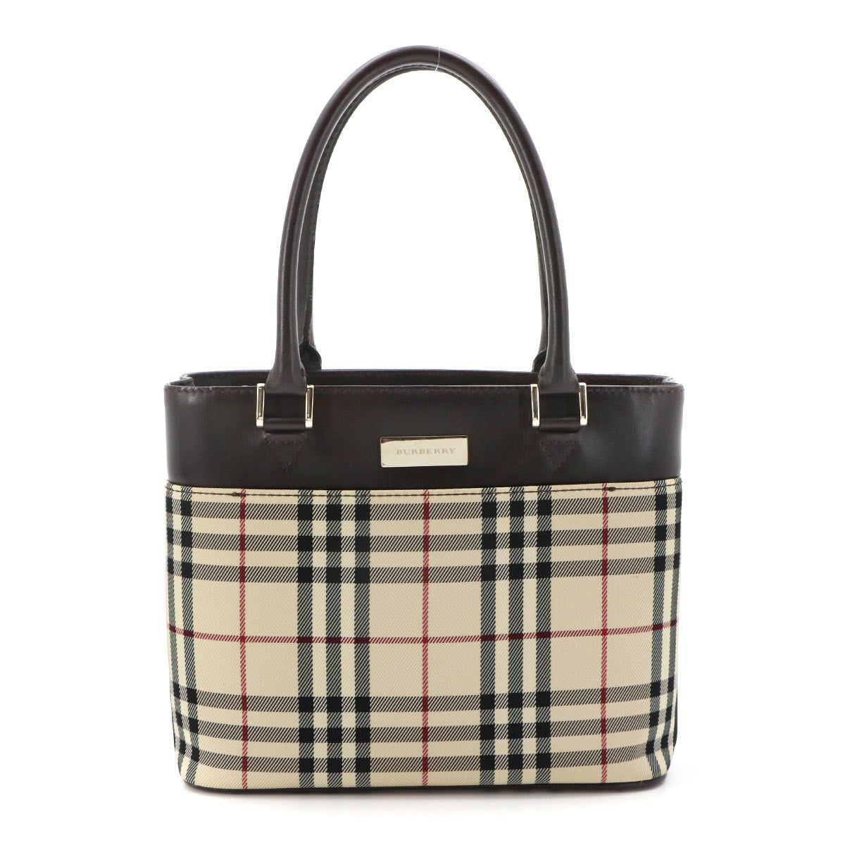 Plaid Hand Bag Canvas Leather Beige Dark brown Purse