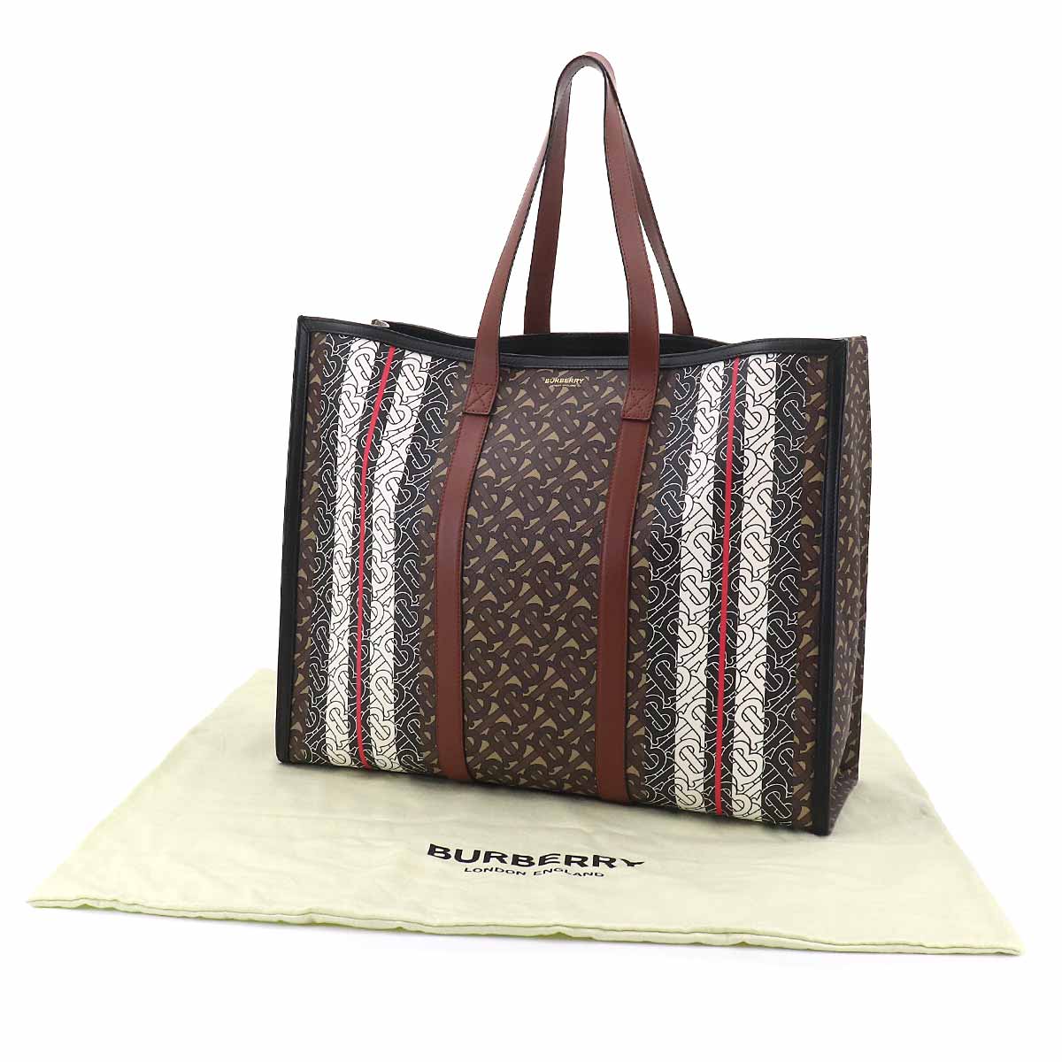 TB Monogram Stripe Tote Bag PVC Leather Brown