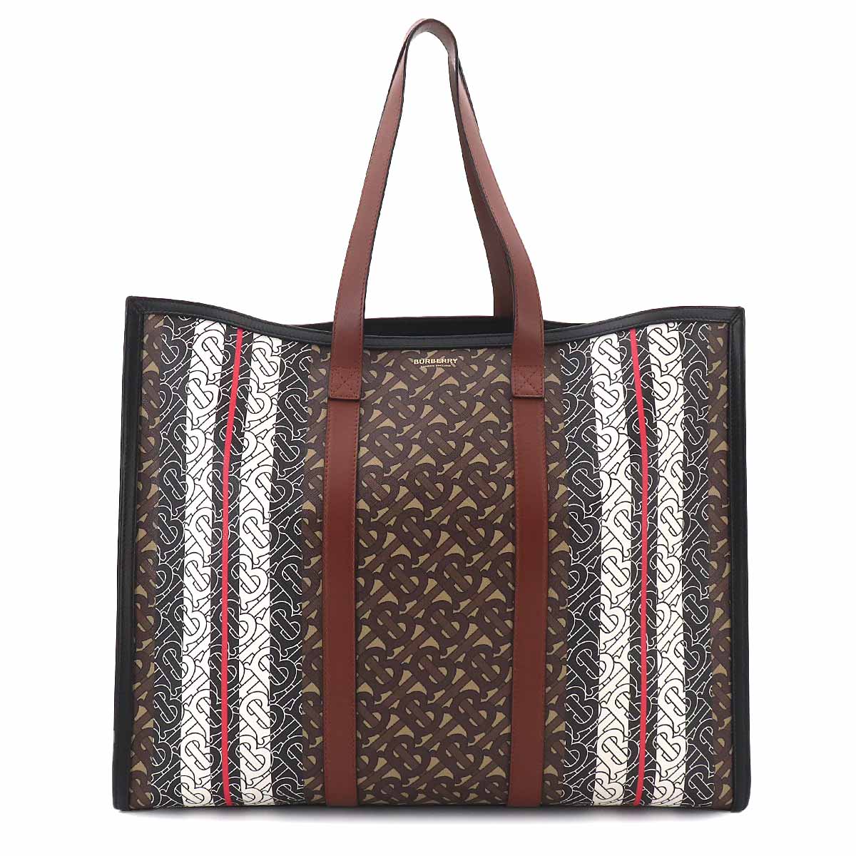 TB Monogram Stripe Tote Bag PVC Leather Brown