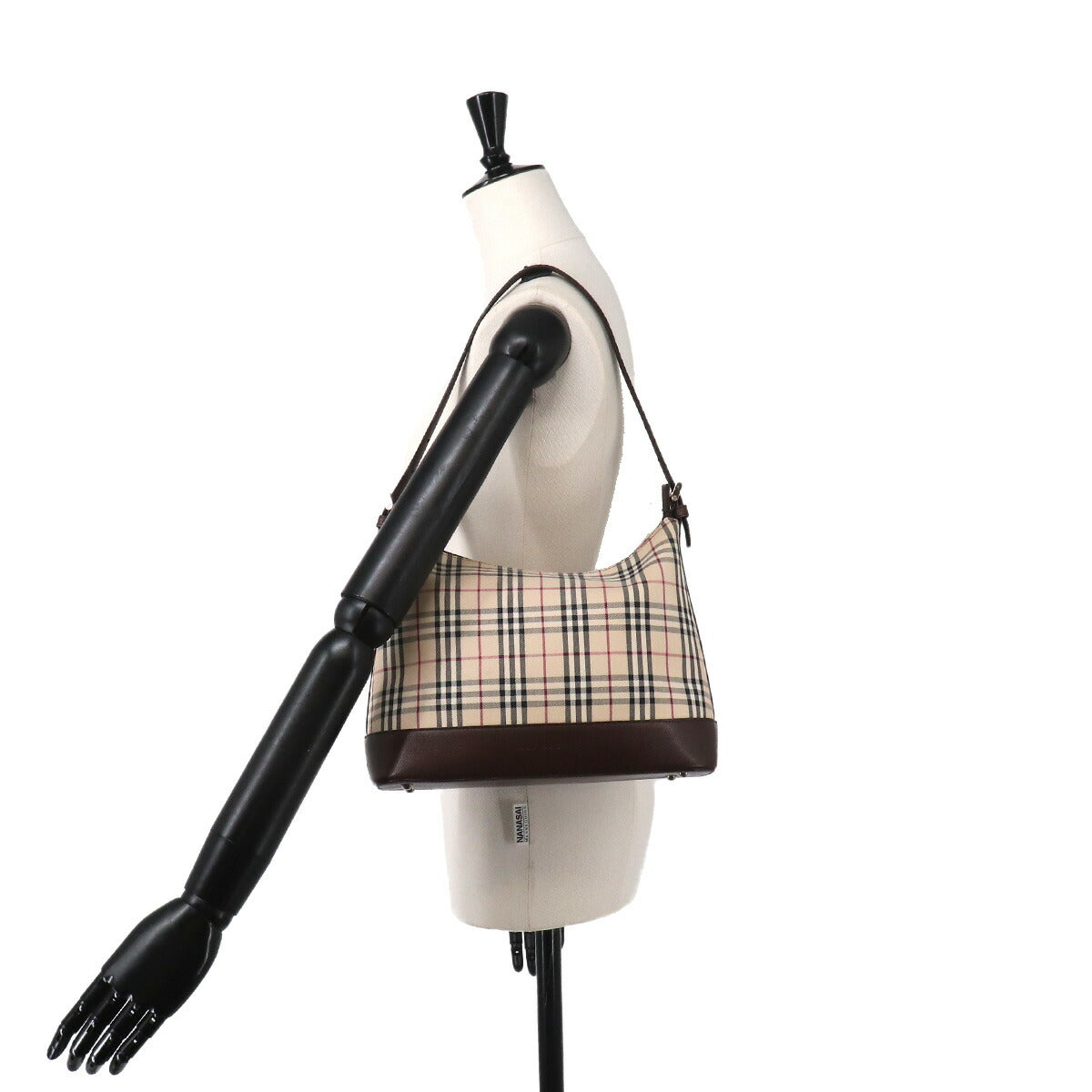 Shoulder Bag Canvas Leather Beige Brown Plaid Purse