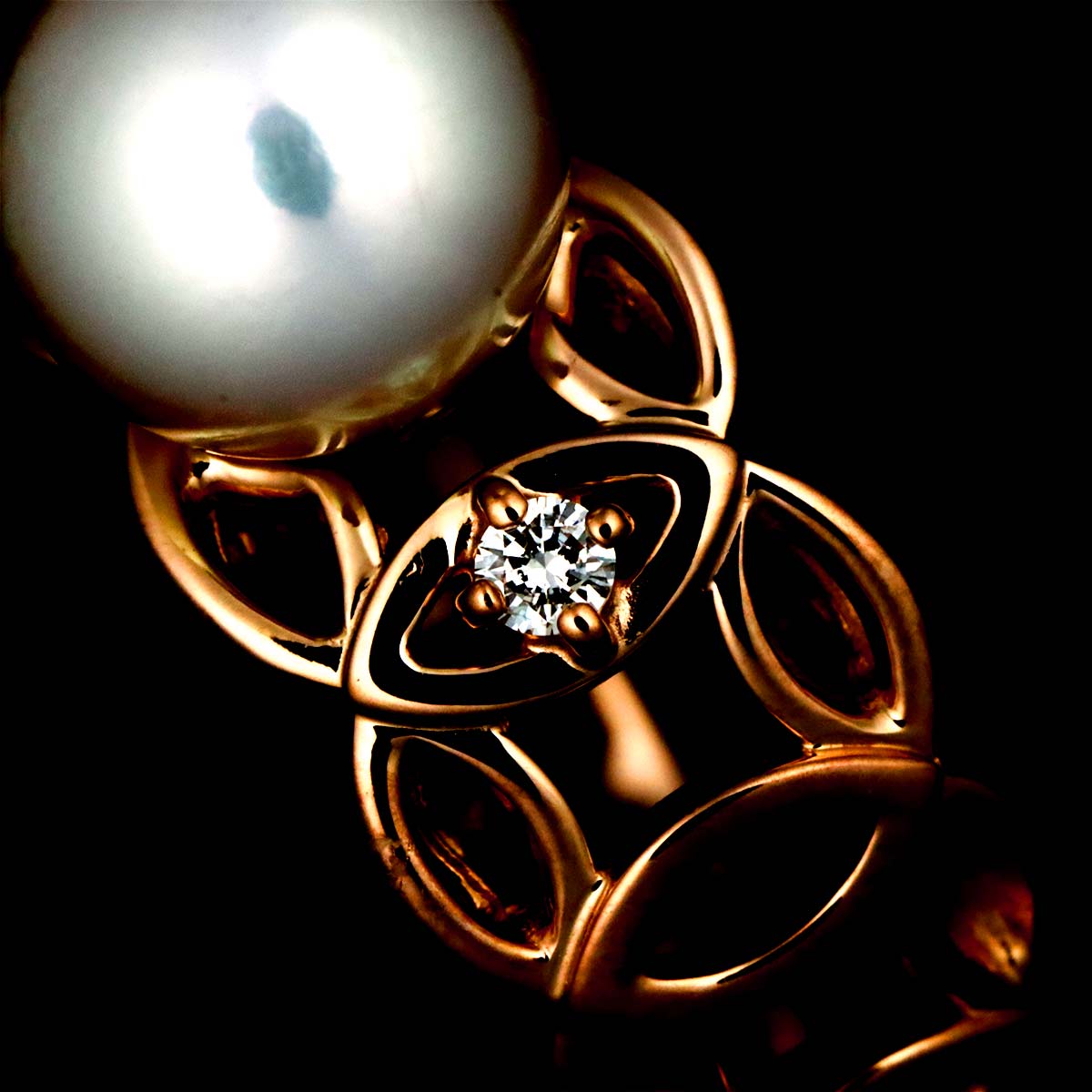 Akoya Pearl Diamond Ring 18K PG 750 Size6(US)