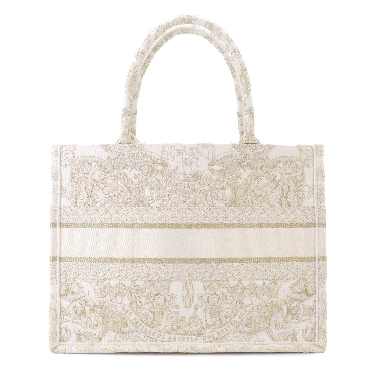Book Tote Bag Medium Canvas White Gold Embroidery