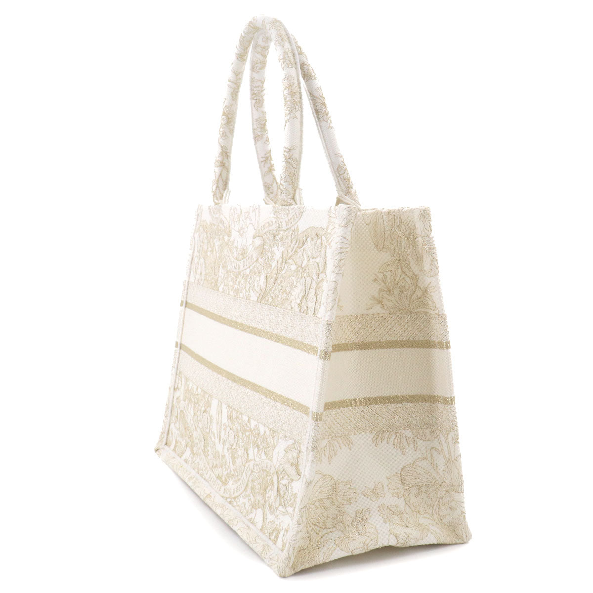 Book Tote Bag Medium Canvas White Gold Embroidery